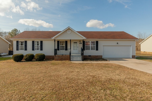 ranch-style house featuring a porch, a front yard, and a garage