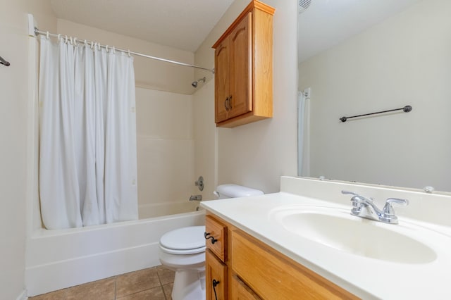 full bathroom featuring toilet, shower / tub combo, vanity, and tile patterned flooring