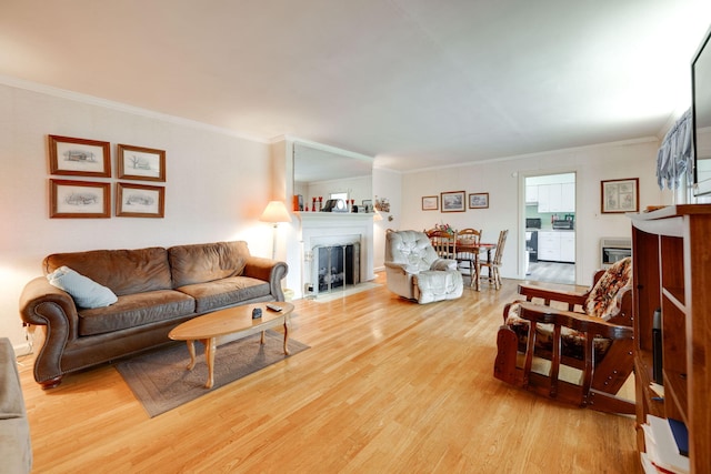 living room featuring hardwood / wood-style floors and ornamental molding