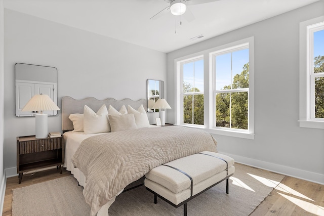 bedroom with ceiling fan and light wood-type flooring