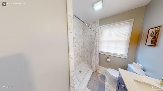 bathroom featuring vanity, curtained shower, and toilet