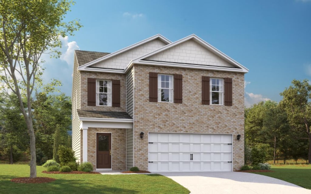 view of front facade with a garage and a front lawn