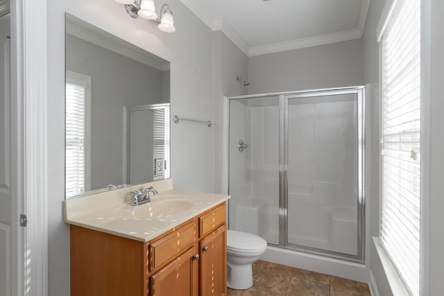 bathroom with toilet, walk in shower, tile patterned floors, vanity, and crown molding