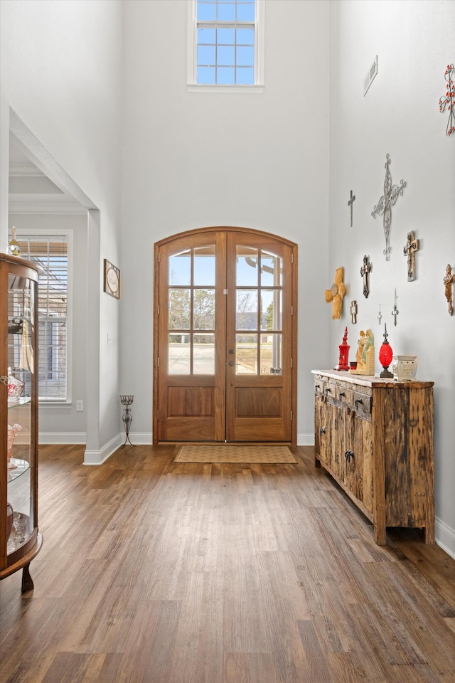 foyer featuring hardwood / wood-style flooring, ornamental molding, a towering ceiling, and french doors