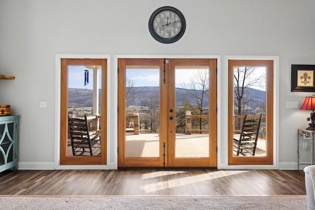 entryway featuring dark wood-type flooring, a mountain view, and french doors