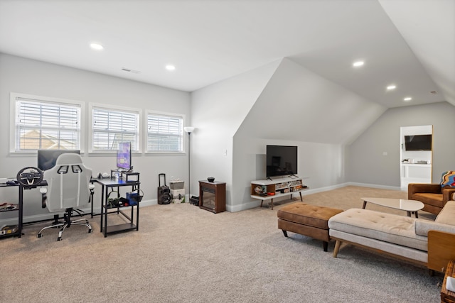 interior space featuring light carpet and lofted ceiling