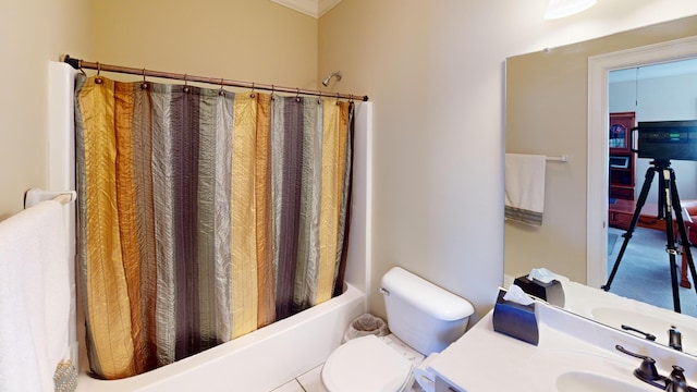 bathroom with toilet and shower / bath combo with shower curtain