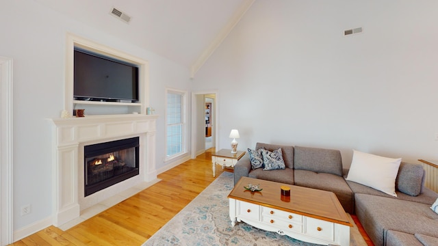 living room with wood-type flooring and high vaulted ceiling