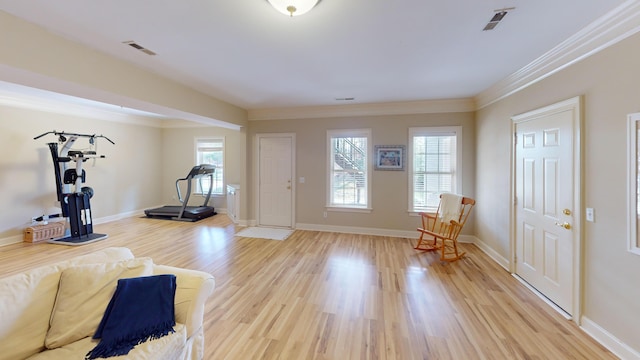 workout room featuring crown molding and light wood-type flooring