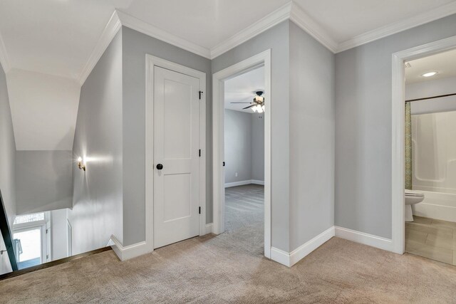 corridor featuring crown molding and light carpet