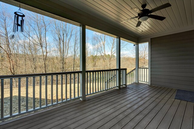 wooden terrace featuring ceiling fan