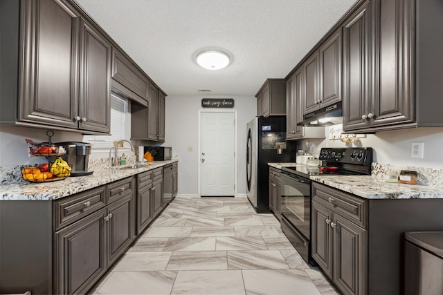 kitchen featuring light stone counters, stainless steel dishwasher, dark brown cabinets, sink, and electric range