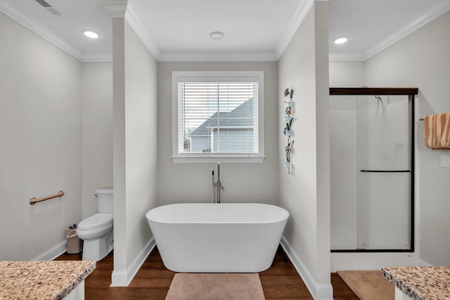 full bathroom with toilet, crown molding, wood-type flooring, vanity, and independent shower and bath