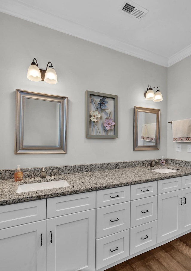 bathroom with vanity, wood-type flooring, and ornamental molding