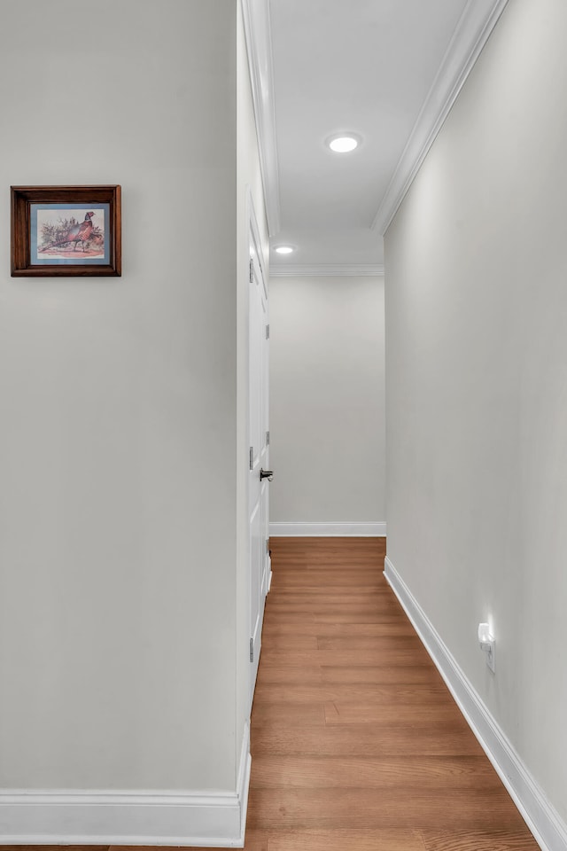 hall with crown molding and light hardwood / wood-style floors