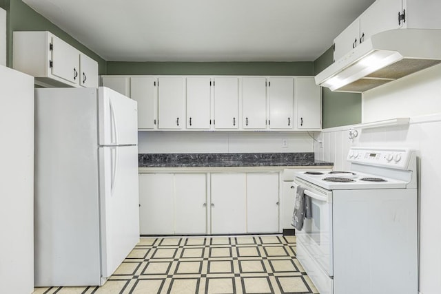 kitchen featuring white cabinets and white appliances