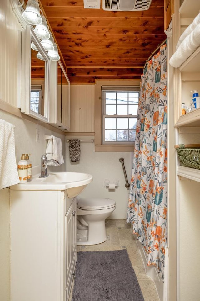 bathroom featuring vanity, wooden ceiling, and toilet