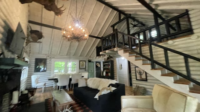 living room featuring lofted ceiling, log walls, and a chandelier