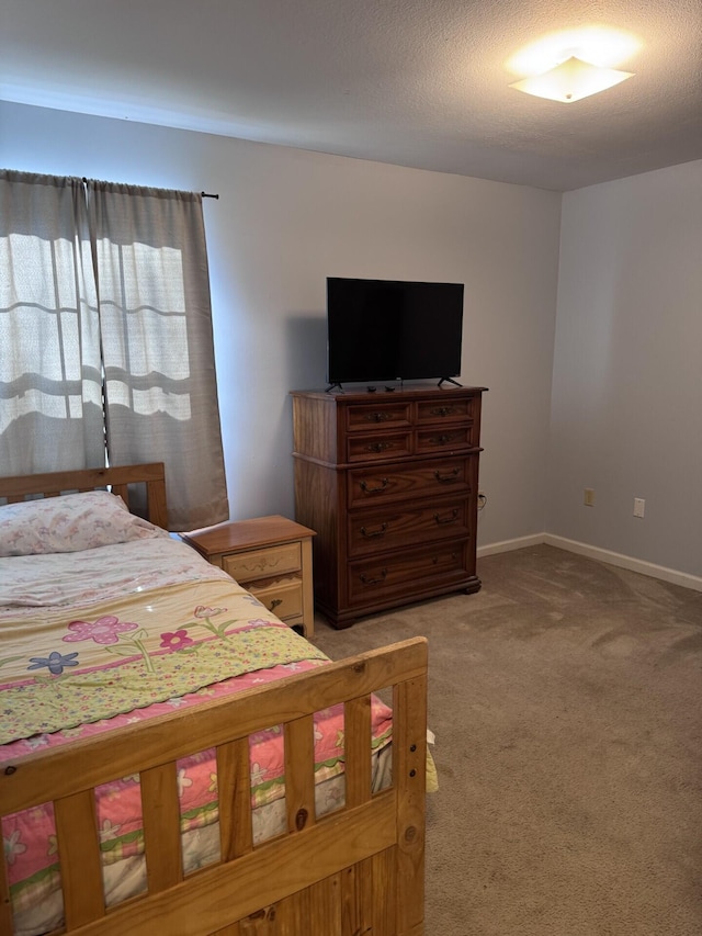 bedroom with carpet flooring and a textured ceiling