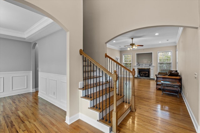 stairs featuring crown molding, ceiling fan, and hardwood / wood-style flooring