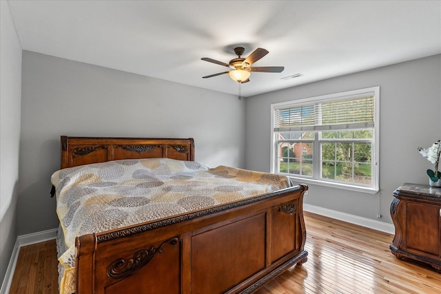 bedroom featuring ceiling fan and light hardwood / wood-style flooring