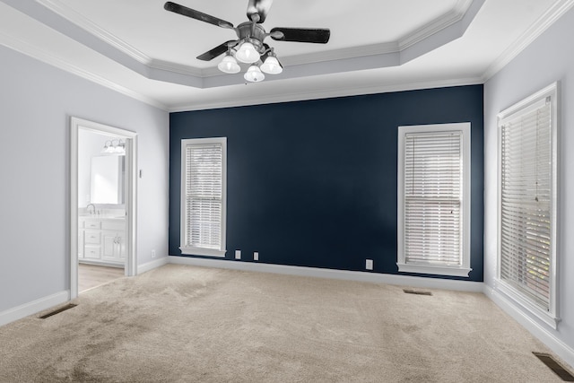 carpeted empty room with a tray ceiling, plenty of natural light, and crown molding