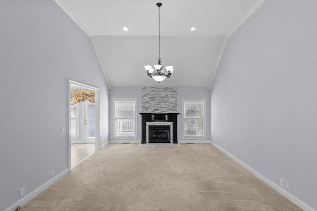 unfurnished living room featuring a fireplace, light carpet, a chandelier, and ornamental molding