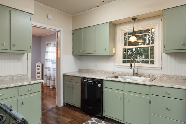 kitchen featuring green cabinets, black dishwasher, crown molding, and sink