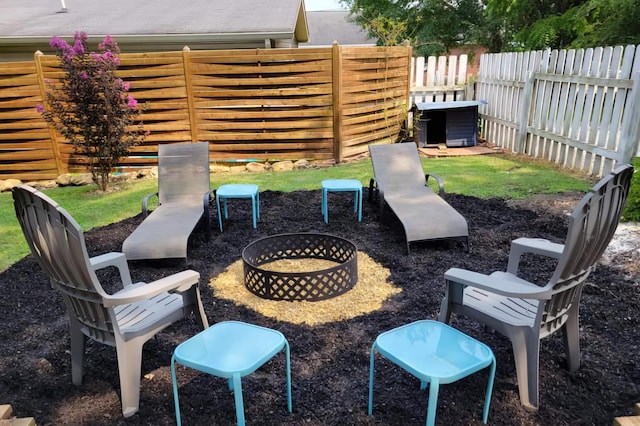 view of patio / terrace featuring an outdoor fire pit