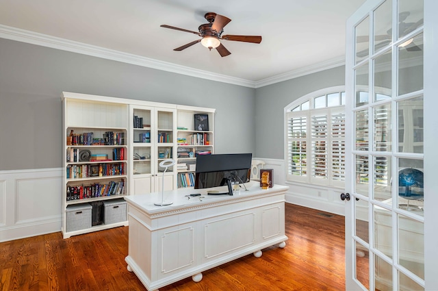 home office with dark hardwood / wood-style floors, ceiling fan, and crown molding