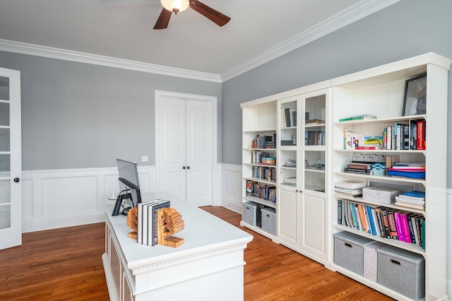 office space with ceiling fan, dark hardwood / wood-style flooring, and crown molding