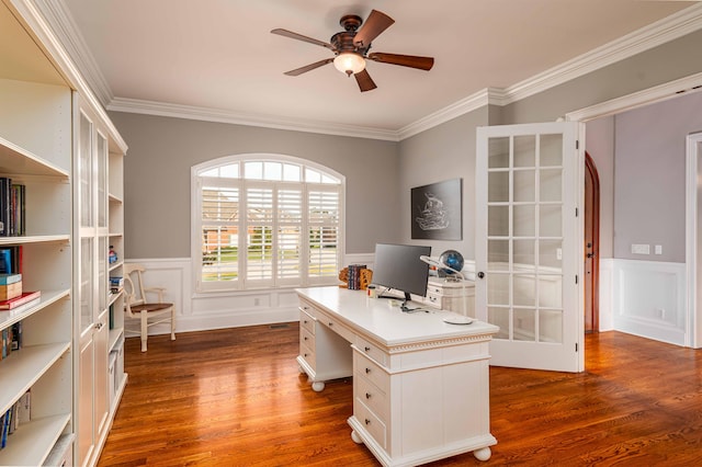 office with crown molding, ceiling fan, and dark wood-type flooring