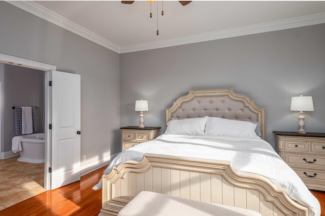 bedroom with ceiling fan, light wood-type flooring, and ornamental molding