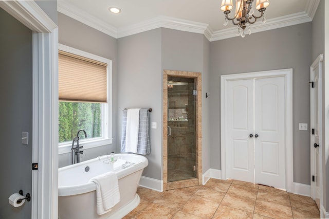 bathroom with shower with separate bathtub, an inviting chandelier, and crown molding