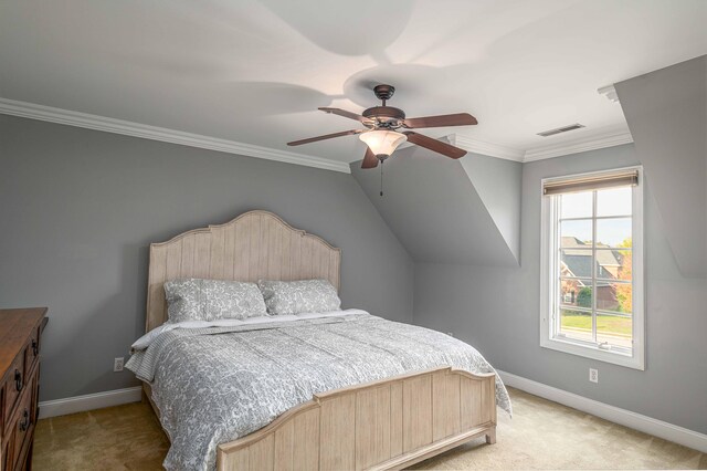 bedroom featuring carpet flooring, ceiling fan, and ornamental molding