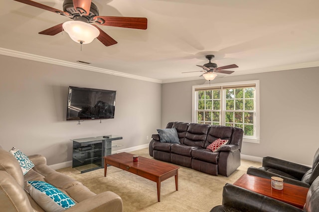 carpeted living room with ornamental molding