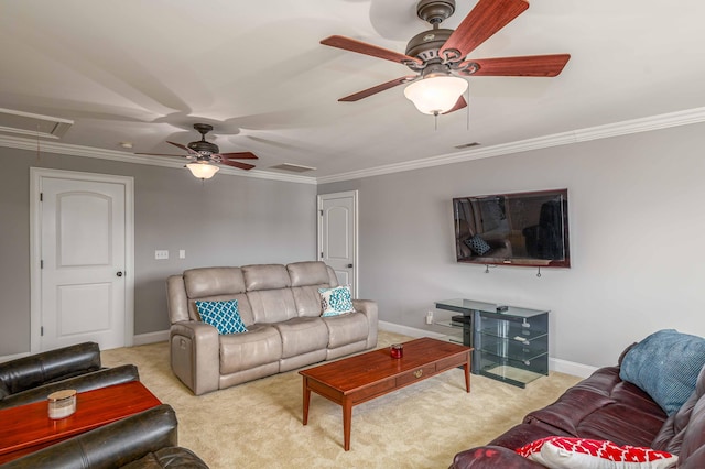 living room featuring ceiling fan, light colored carpet, and ornamental molding