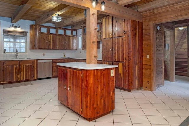 kitchen with sink, wooden walls, stainless steel dishwasher, a kitchen island, and beam ceiling