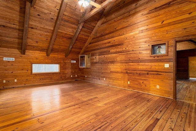 additional living space featuring lofted ceiling with beams, light hardwood / wood-style floors, wood walls, and wood ceiling