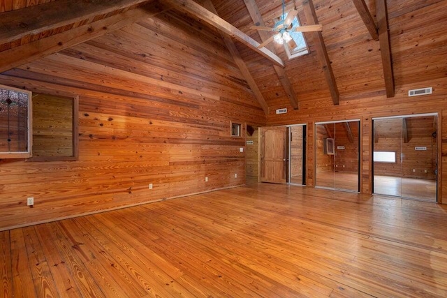 interior space featuring a skylight, high vaulted ceiling, wooden ceiling, beamed ceiling, and wood walls