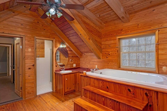 bathroom featuring vanity, shower with separate bathtub, wooden ceiling, hardwood / wood-style floors, and wood walls