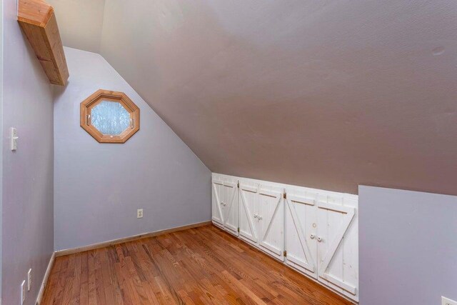 additional living space featuring vaulted ceiling and light hardwood / wood-style flooring