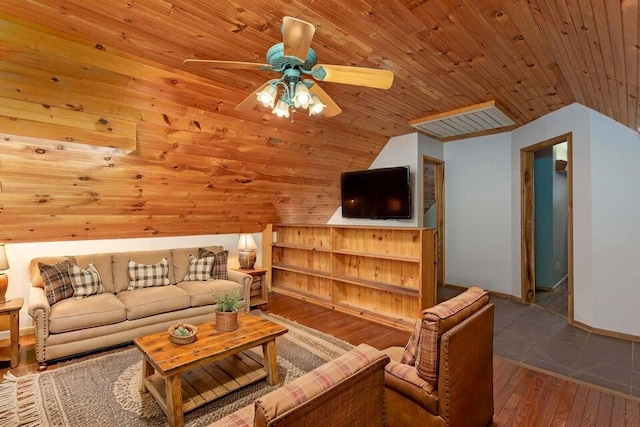 living room with ceiling fan, hardwood / wood-style floors, wooden ceiling, and vaulted ceiling