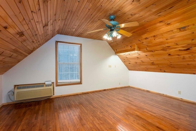 bonus room with ceiling fan, wooden ceiling, an AC wall unit, hardwood / wood-style floors, and lofted ceiling