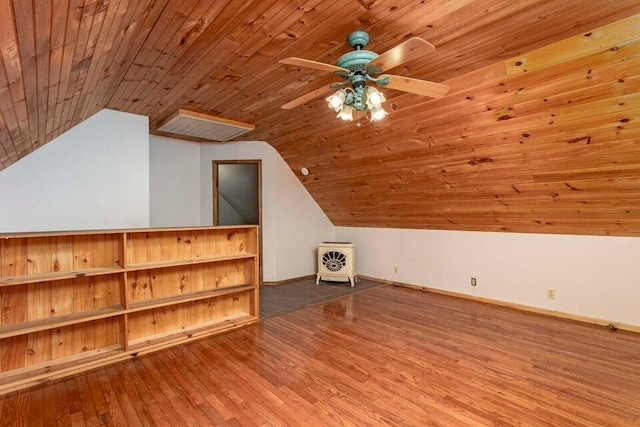 additional living space featuring hardwood / wood-style floors, vaulted ceiling, ceiling fan, and wood ceiling