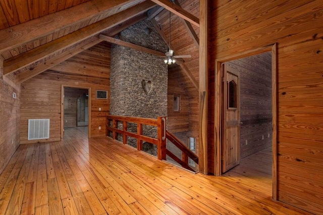 interior space featuring hardwood / wood-style floors, high vaulted ceiling, wooden walls, ceiling fan, and beam ceiling