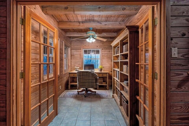 home office featuring beam ceiling, wooden ceiling, french doors, and wooden walls