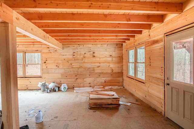 miscellaneous room featuring wood walls and beamed ceiling