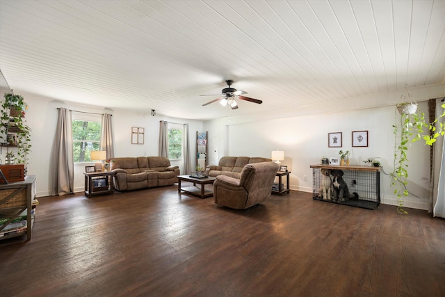 living room with ceiling fan, dark hardwood / wood-style flooring, and wooden ceiling