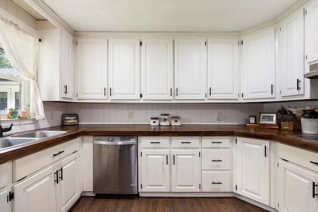 kitchen with wooden counters, white cabinets, stainless steel dishwasher, and dark hardwood / wood-style floors